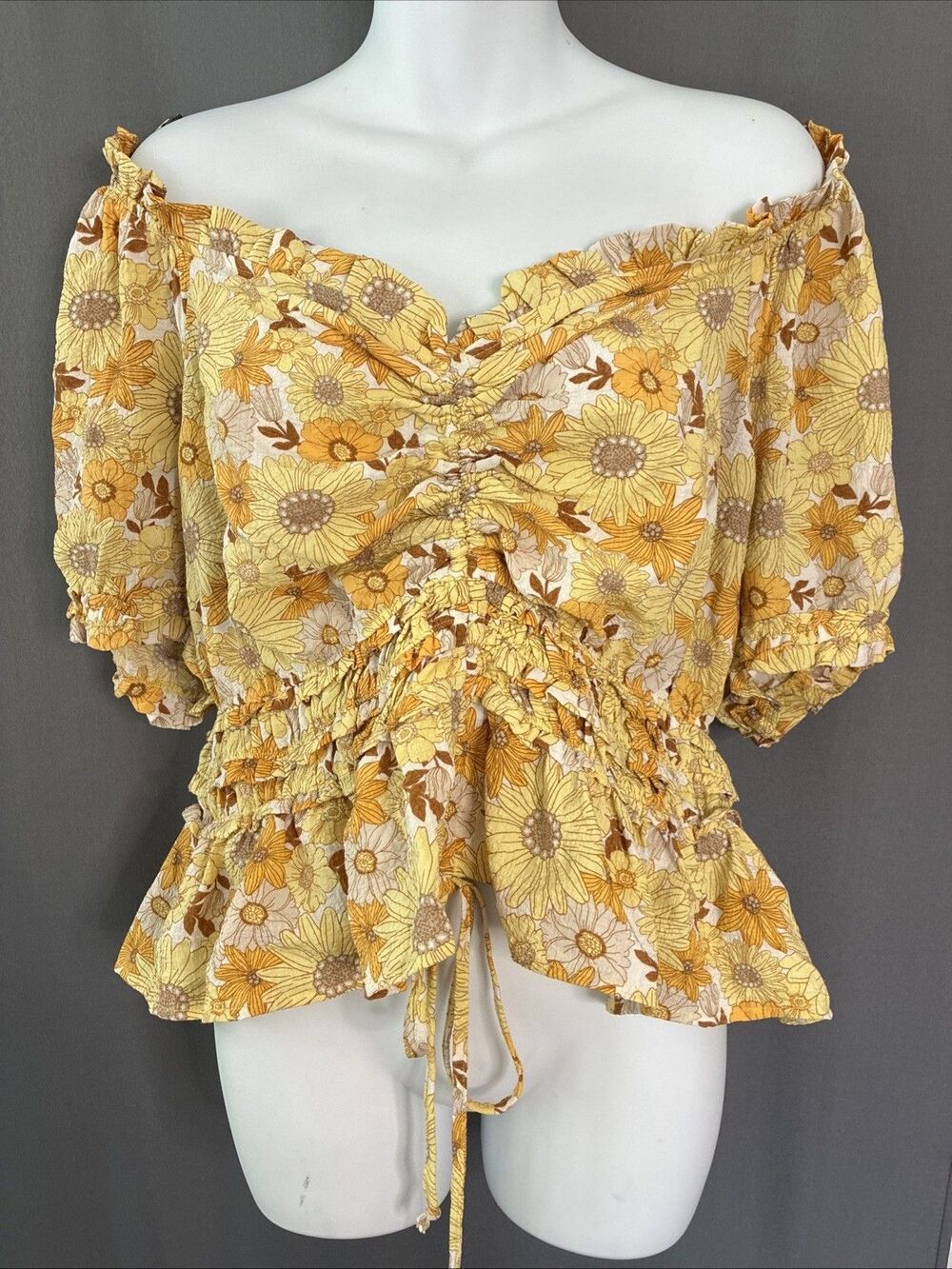 Y2K Forever 21 Plus Top Size 1X Yellow Floral Whimsigoth Fairy Milkmaid Peasant
